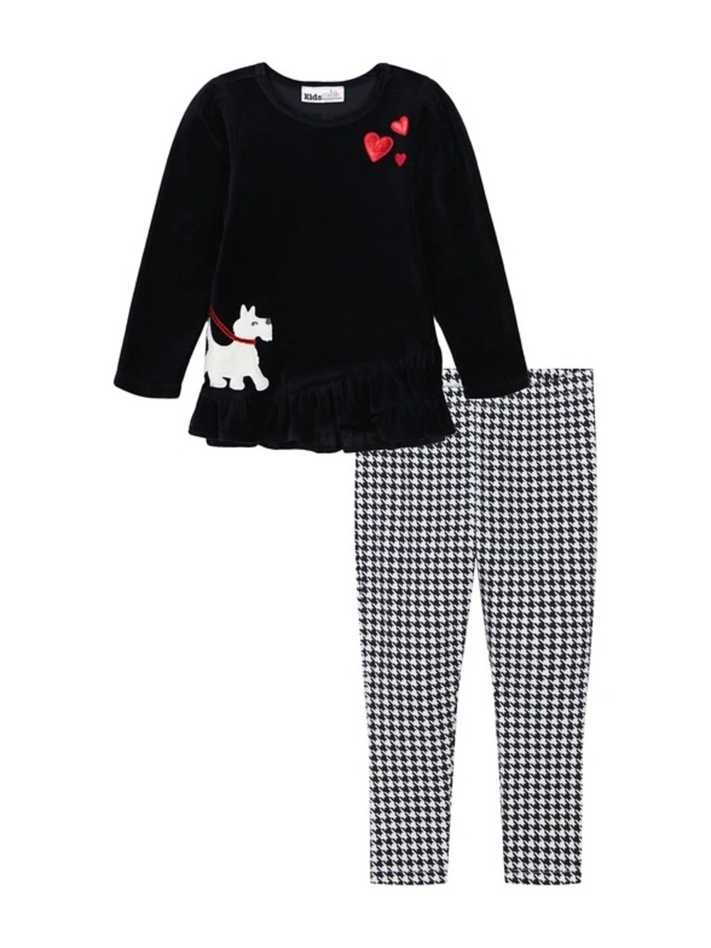 Kids Headquarters Black Velvet Dog Appliqué Pajama Set with Red Heart Accents